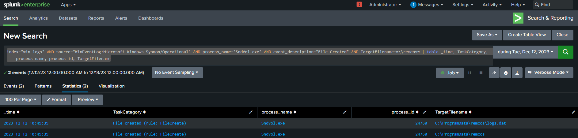 Splunk detection query and results, screenshot 1