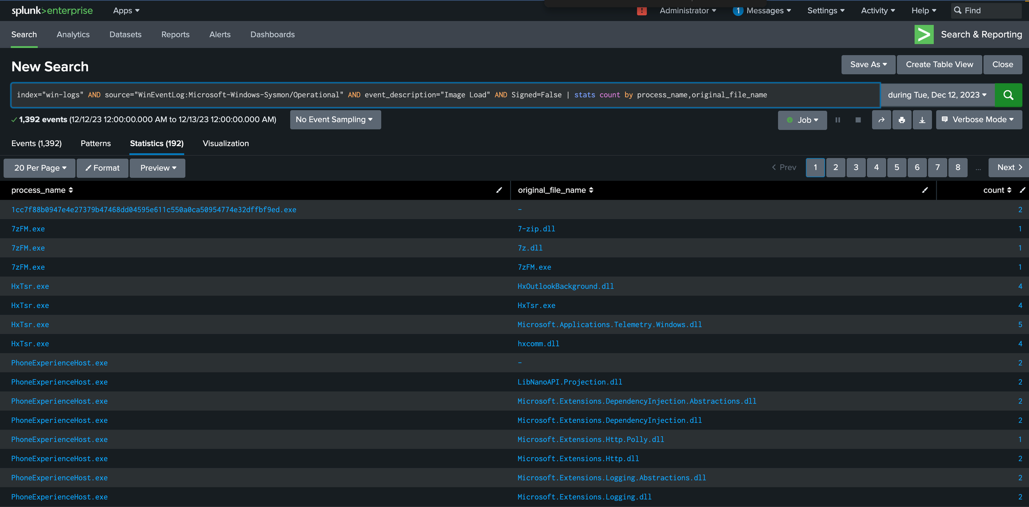 Splunk detection query and results, screenshot 4