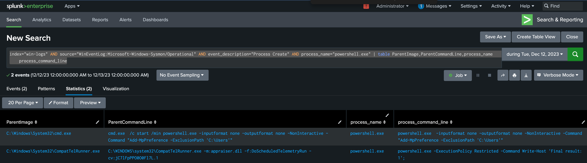 Splunk detection query and results, screenshot 5