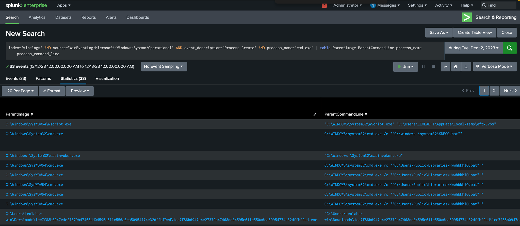 Splunk detection query and results, screenshot 6