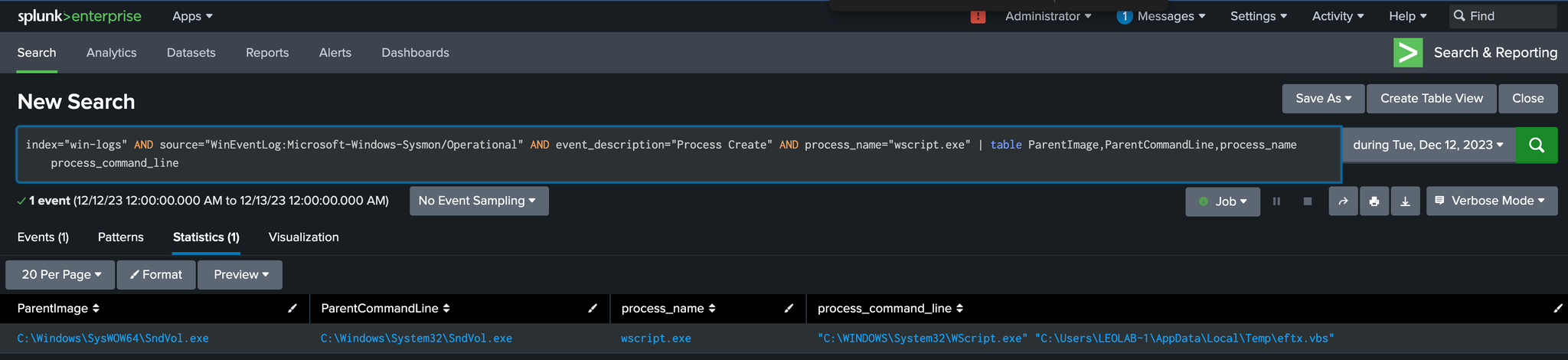 Splunk detection query and results, screenshot 7