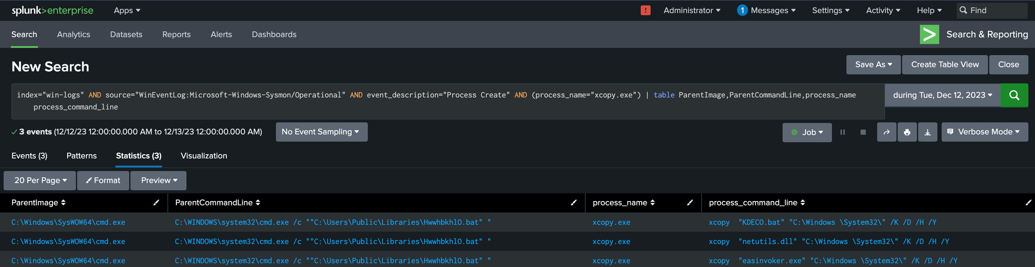 Splunk detection query and results, screenshot 8